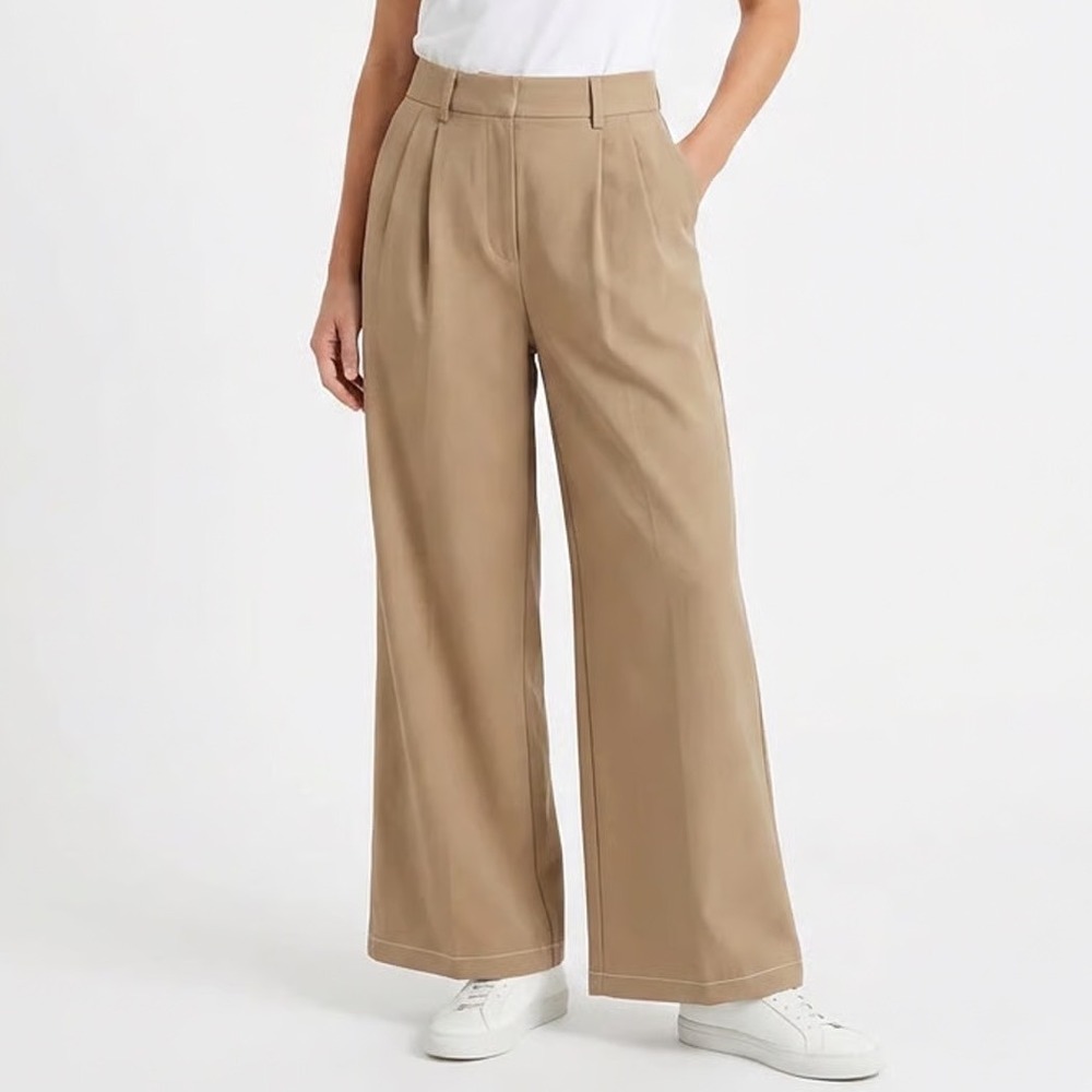 FUNYYZO Khaki Tan Wide Leg Pleated Trousers High Waist Elastic Back XL 14-16